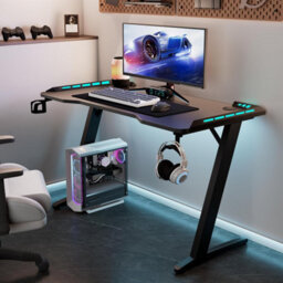 "Keepreaper 44.9"" Gaming Desk Led Lights Cup Holder Z-Shape Steel Frame Computer Desk Table Black For Home Office" - thumbnail 2