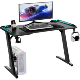 "Keepreaper 44.9"" Gaming Desk Led Lights Cup Holder Z-Shape Steel Frame Computer Desk Table Black For Home Office"