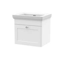 Nuie Classique Wall Hung 1 Drawer Vanity Unit Without Tap Hole Fireclay Basin, Stylish Sink Vanity Unit In Satin White - thumbnail 5