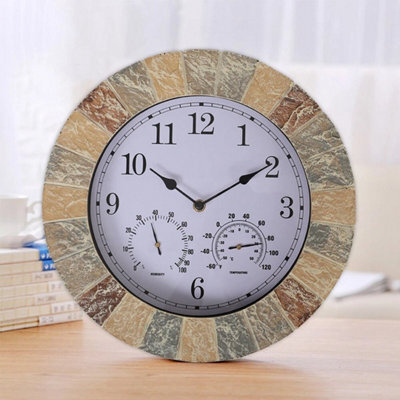 35Cm Garden Wall Clock Outdoor Decor Stone Effect Thermometer Indoor Home Round Nature - image 1