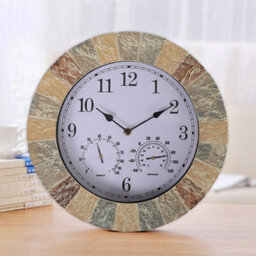 35Cm Garden Wall Clock Outdoor Decor Stone Effect Thermometer Indoor Home Round Nature - thumbnail 1