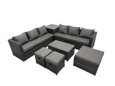 Fimous 9 Seater Garden Outdoor Rattan Furniture Set Patio Corner Sofa Rectangular Coffee Table With Side Table 3 Stool Dark Grey - image 1