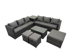 Fimous 9 Seater Garden Outdoor Rattan Furniture Set Patio Corner Sofa Rectangular Coffee Table With Side Table 3 Stool Dark Grey - thumbnail 1