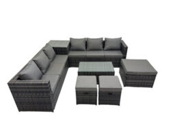 Fimous 9 Seater Garden Outdoor Rattan Furniture Set Patio Corner Sofa Rectangular Coffee Table With Side Table 3 Stool Dark Grey - thumbnail 2