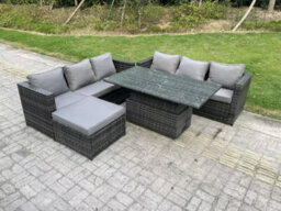 Fimous 7 Seater Wicker Pe Rattan Garden Furniture Sofa Set Outdoor Adjustable Rising Lifting Dining Table Set - thumbnail 1