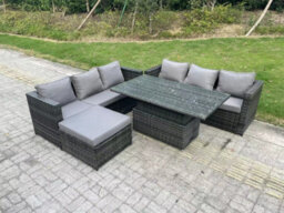 Fimous 7 Seater Wicker Pe Rattan Garden Furniture Sofa Set Outdoor Adjustable Rising Lifting Dining Table Set - thumbnail 2