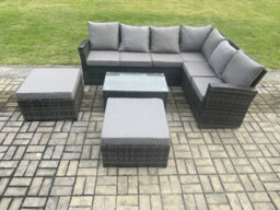 Fimous Wicker Pe Outdoor Garden Furniture Set High Back Rattan Corner Sofa Set With Rectangular Coffee Table 2 Big Footstool - thumbnail 1