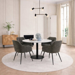 Furniture To Go Corby Round Dining Table With White Polished Marble Top & Black Base Includes 4 Brooke Dining Chairs With Arm Rest In Taupe - thumbnail 1