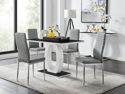 Furniturebox Giovani Rectangular 4 Seat White High Gloss Unique Halo Dining Table Black Glass Top 4 Grey Faux Leather Silver Leg Milan Chairs - image 1