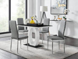 Furniturebox Giovani Rectangular 4 Seat White High Gloss Unique Halo Dining Table Black Glass Top 4 Grey Faux Leather Silver Leg Milan Chairs