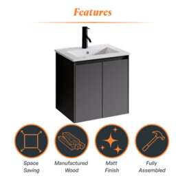 Plum&clay Romeo Matt Grey Wall Hung Vanity Unit & Basin Set (W)600mm - thumbnail 5
