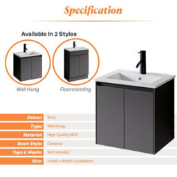Plum&clay Romeo Matt Grey Wall Hung Vanity Unit & Basin Set (W)600mm - thumbnail 4