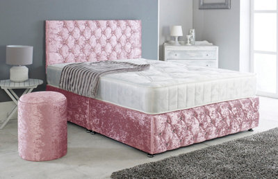 Adore Designs Chesterfield Crushed Velvet Divan Bed, Ortho Mattress, Footboard & Round Stool - 3Ft Single - Pink - 2 Drawers Right Side - image 1