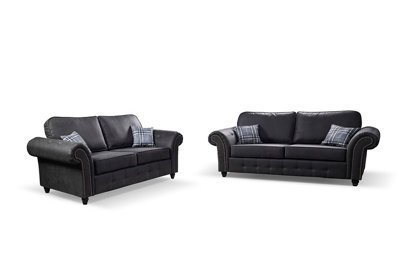 Kansas 3+2 Sofa Set Black Suede Fabric - image 1