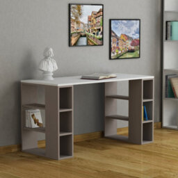 Decortie Colmar Modern Desk With Integrated 6-Shelf Bookshelf Storage White Mocha Grey Width 140Cm - thumbnail 1