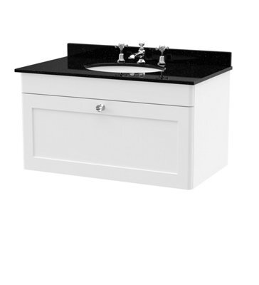 Balterley Swynnerton Traditional 1 Drawer Wall Hung Vanity Unit With Marble Basin, Satin White, 800mm - image 1