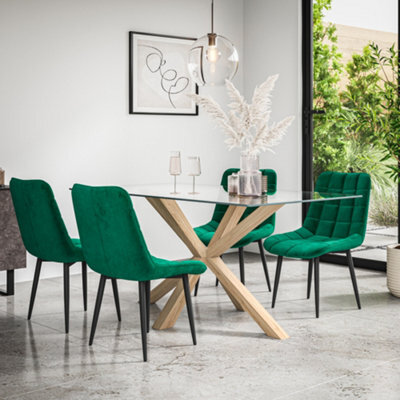 More4Homes Etta Glass Dining Table And Chairs - Glass Top W Solid Oak Legs + Nova Velvet Dining Chair Set Of 4 (Green) - image 1