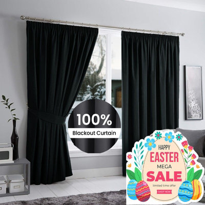 Ameha Black 230 Gsm Plain Thermal Insulated Energy Efficient Blackout Pencil Pleat Curtain Pair 90''x72'' Home Decor Uk - image 1