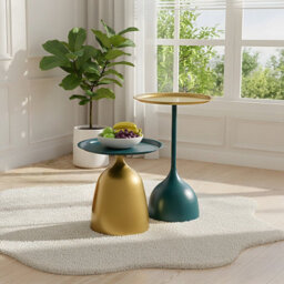 Living And Home Set Of 2 Deep Teal + Gold Metal Side Tables, 39Cm(Dia.) X 60Cm(H)