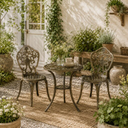 bronze brown small patio table with umbrella hole 32" Round Outdoor Dining Measuring 35.4 x 35.4 (L x W) in tabletop size Yaheetech Garden Table Patio Bistro