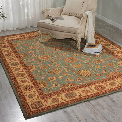 Traditional Aqua Wool Luxurious Bordered Floral Rug For Dining Room Bedroom & Living Room-168Cm X 251Cm