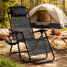 H4H 2X Zero Gravity Chair With Cup Holder Folding Reclining Garden Lounger Adjustable Headrest Heavy Duty Textoline Camping Chair - thumbnail 3