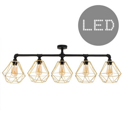 Valuelights Luiggi Industrial 5 Way Satin Black Pipework Bar Ceiling Light With Gold Basket Shade - Including Bulbs