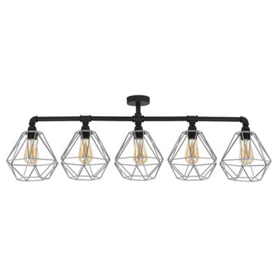 Valuelights Luiggi Industrial Style 5 Way Satin Black Pipework Bar Ceiling Light With Grey Basket Cage Shades - image 1