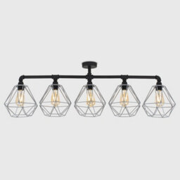 Valuelights Luiggi Industrial Style 5 Way Satin Black Pipework Bar Ceiling Light With Grey Basket Cage Shades - thumbnail 2