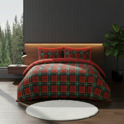 Ultra Soft Teddy Duvet Cover Tartan Check Reversible Fleece Bedding Red