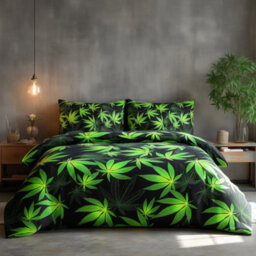Duvet Cover And Pillowcase Set Leaf Design Polycotton Bed Linen Black - thumbnail 1