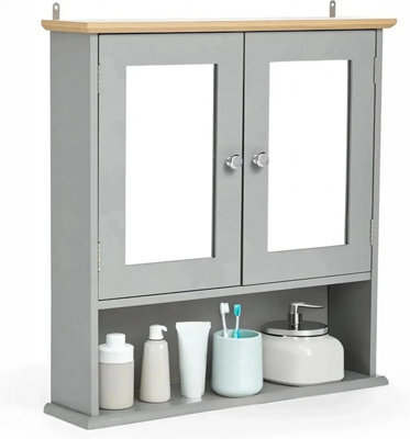 Double Door Mirrored Bathroom Cabinet Grey Wall Mounted Cupboard With Wood Effect Top And Shelves H58 X W56 X D13Cm - image 1