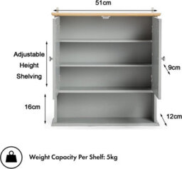 Double Door Mirrored Bathroom Cabinet Grey Wall Mounted Cupboard With Wood Effect Top And Shelves H58 X W56 X D13Cm - thumbnail 3