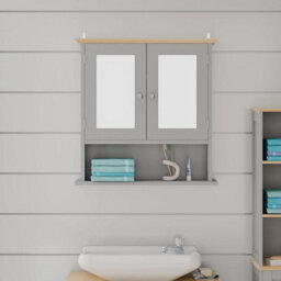 Double Door Mirrored Bathroom Cabinet Grey Wall Mounted Cupboard With Wood Effect Top And Shelves H58 X W56 X D13Cm - thumbnail 2