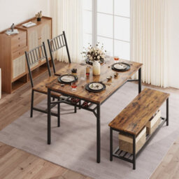 Retro Brown 4 Pcs Dining Table Set 2 Chairs + 1 Bench Kitchen Breakfast - thumbnail 4
