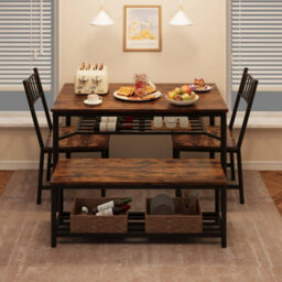 Retro Brown 4 Pcs Dining Table Set 2 Chairs + 1 Bench Kitchen Breakfast - thumbnail 5