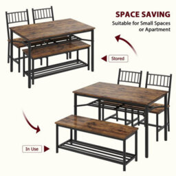 Retro Brown 4 Pcs Dining Table Set 2 Chairs + 1 Bench Kitchen Breakfast - thumbnail 3