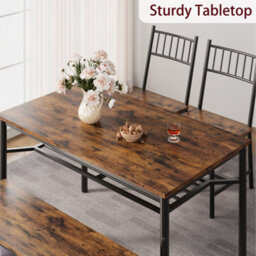 Retro Brown 4 Pcs Dining Table Set 2 Chairs + 1 Bench Kitchen Breakfast - thumbnail 6