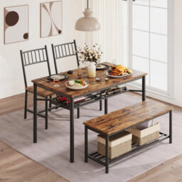 Retro Brown 4 Pcs Dining Table Set 2 Chairs + 1 Bench Kitchen Breakfast - thumbnail 1