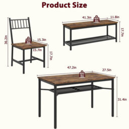 Retro Brown 4 Pcs Dining Table Set 2 Chairs + 1 Bench Kitchen Breakfast - thumbnail 2