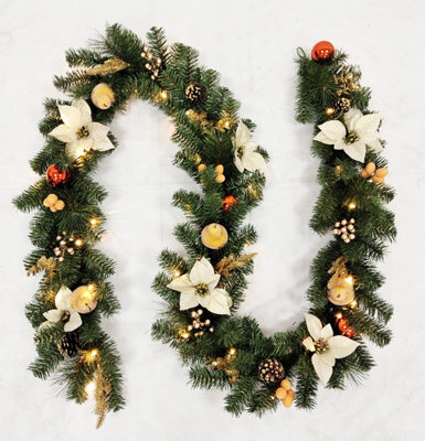 Best Artificial 12Ft / 360Cm Copper Bronze Decorated Christmas Garland With Gold Dusted Acorns And 100 Warm White Battery Led's - image 1