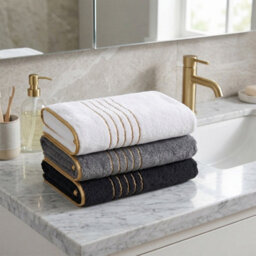 Living And Home 3 Pack Polyester Bath Towels Gold Line Trim Soft Absorbent Hanging Loop Bathroom Towel Set - thumbnail 1
