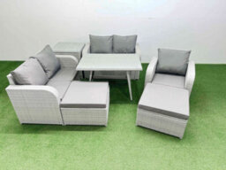 Fimous 7 Seater Outdoor Rattan Garden Furniture Set With Rectangular Dining Table Side Table 2 Big Footstools Light Grey - thumbnail 1