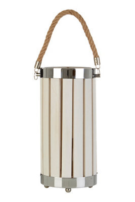 Orsina White Slatted Lamp Holder With Nautical Rope Detail, Chrome-Trimmed Cylindrical Lamp, Stylish Small Lamp - image 1