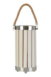 Orsina White Slatted Lamp Holder With Nautical Rope Detail, Chrome-Trimmed Cylindrical Lamp, Stylish Small Lamp