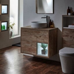 Homestylestore Light Oak 800mm Wall Hung Bathroom Vanity Unit With Round Countertop Basin And Led Light - thumbnail 3