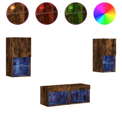 Berkfield Durable 4 Piece Tv Wall Cabinets With Led Lights Smoked Oak - image 1