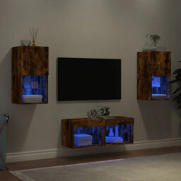 Berkfield Durable 4 Piece Tv Wall Cabinets With Led Lights Smoked Oak - thumbnail 2