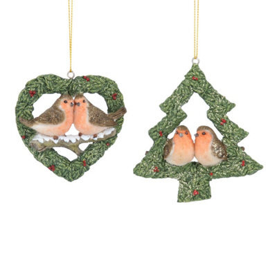 Gisela Graham Christmas Set Of Two Robin-In-Tree Resin Hanging Ornaments With Gold Twine, 9 X 10 Cm Each