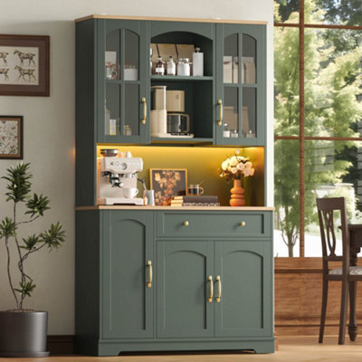 Btm Kitchen Tall Cabinet 100X38X176Cm With Led Lights, 2 Tempered Glass Doors And Drawer, Storage Pantry Cupboard, Green - image 1